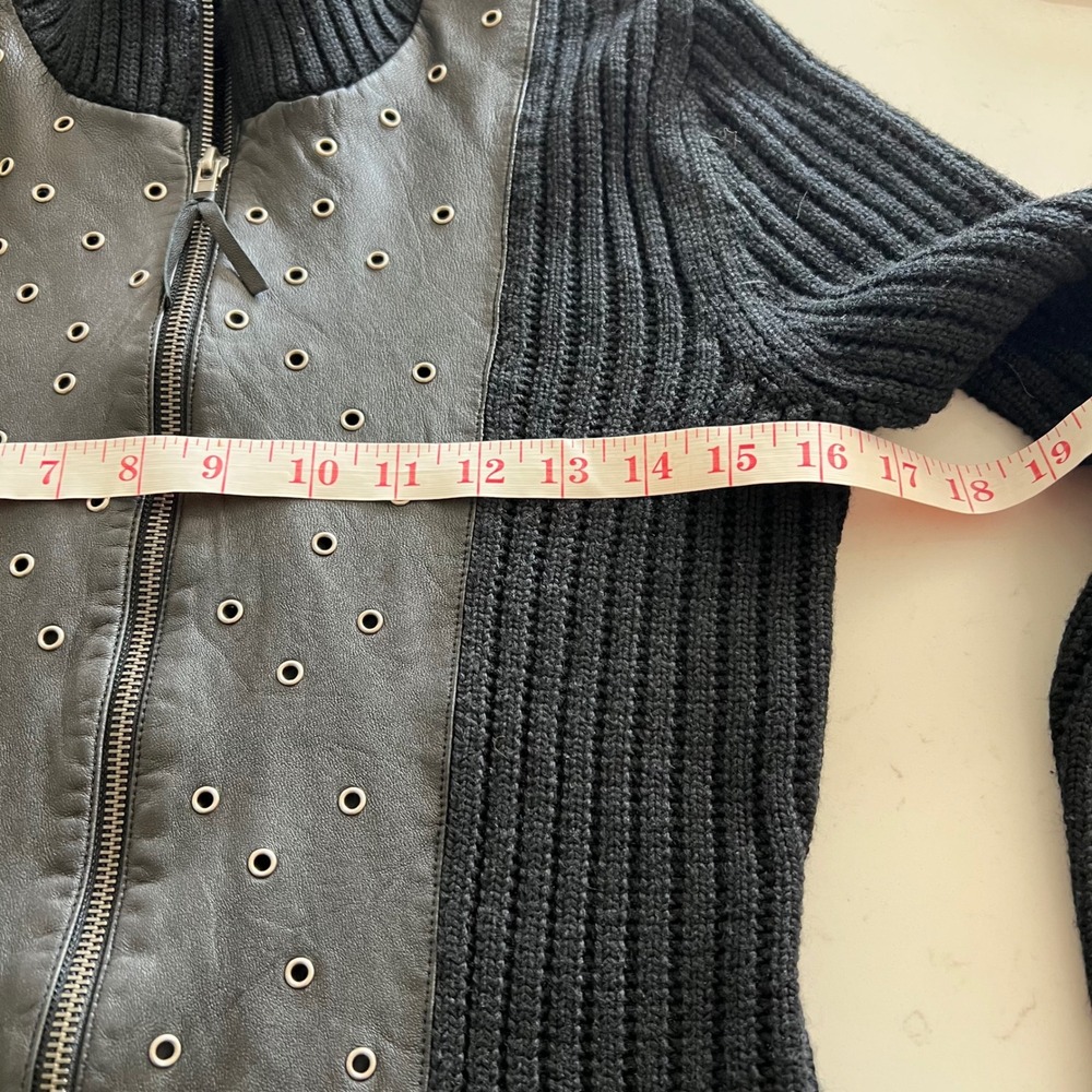Lucidity Black Wool Blend Grommet Leather Front Zip Ribbed Cardigan Sweater M - Picture 6 of 7